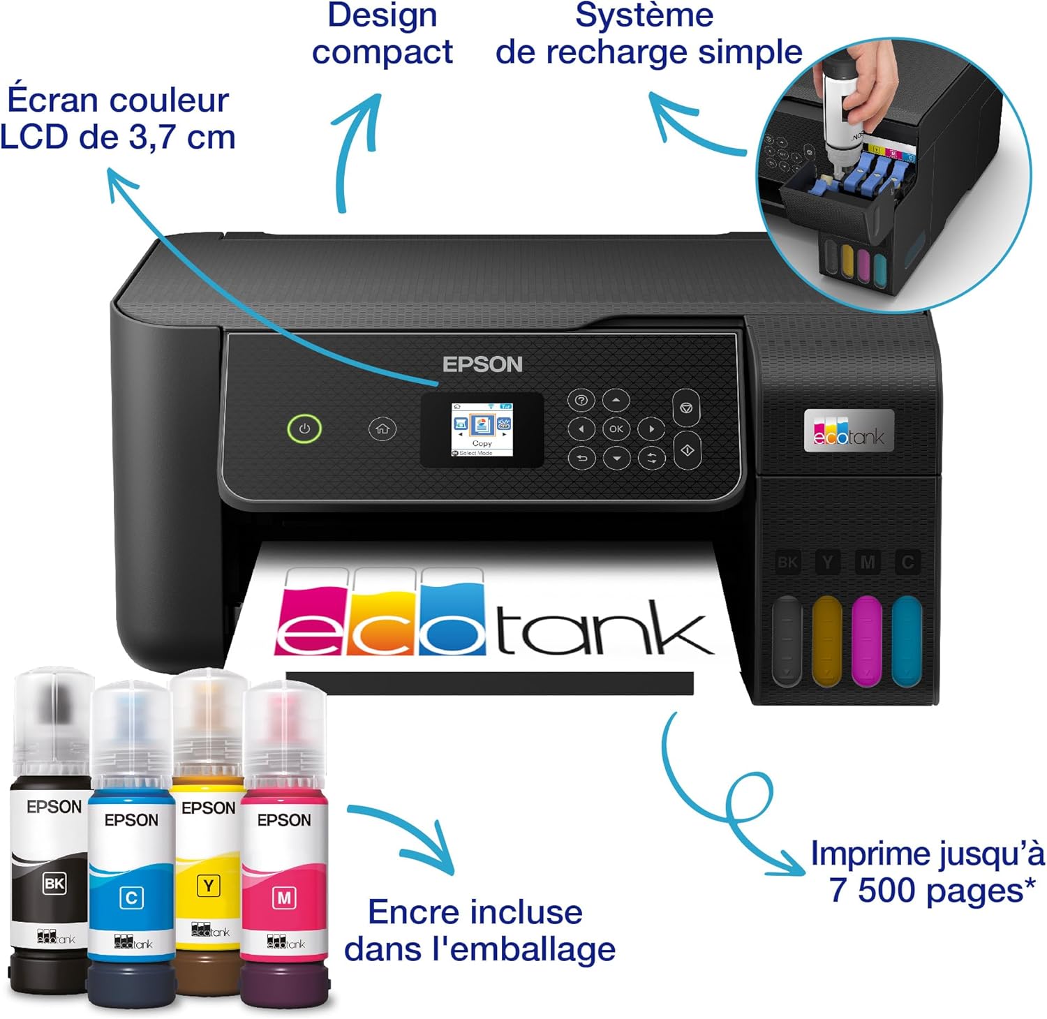 EcoTank ET-2870 Imprimante à Réservoirs D’Encre - Maison & Petit Bureau - Wi-FI - A4 - Imprimer, Copier, Numériser - Écran LCD 3,7cm - Jusqu’à 3 Ans d’Encre Inclus