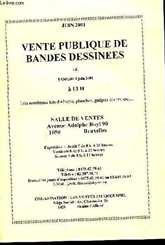 Catalogue de la Vente aux Enchères Publiques de Bandes Dessinées, le 9 juin 2001 à la Salle de Vente de Bruxelles.