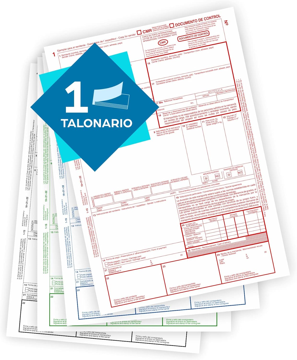 CMR - TALONARIO - Transport international - Autocopiatifs - 4 pages numérotées, Rouge, bleu, vert, noir