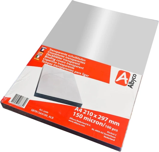 Albyco Couvertures Transparents brillants, épaisseur 0,15 mm/150 micron, format A4, 210x297mm, Couverture en PVC, Couverture de reliure, Plats en PVC, Plats de couvertures