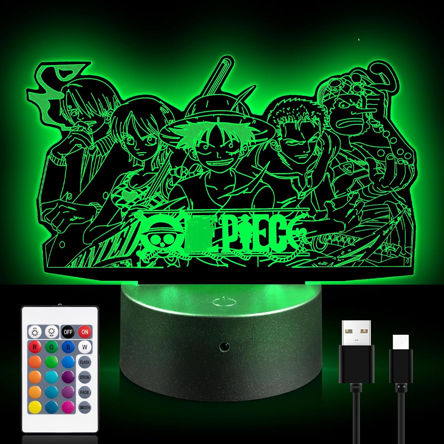 Niaetuto Lampe Ones Pieces,Veilleuse Enfant,16 Couleurs Lampe 3D,Lampes Manga,Lampes Illusion 3D avec Télécommandée,Decoration Chambre,Cadeau Fille Garçon 16 Couleurs-hzw