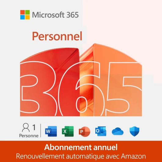 365 Personnel - 12 mois - 1 utilisateur - Applications Office avec IA - 1To de Stockage Onedrive - Abonnement Amazon avec renouvellement automatique Personnel (1 utilisateur) 12 Mois Renouvellement automatique