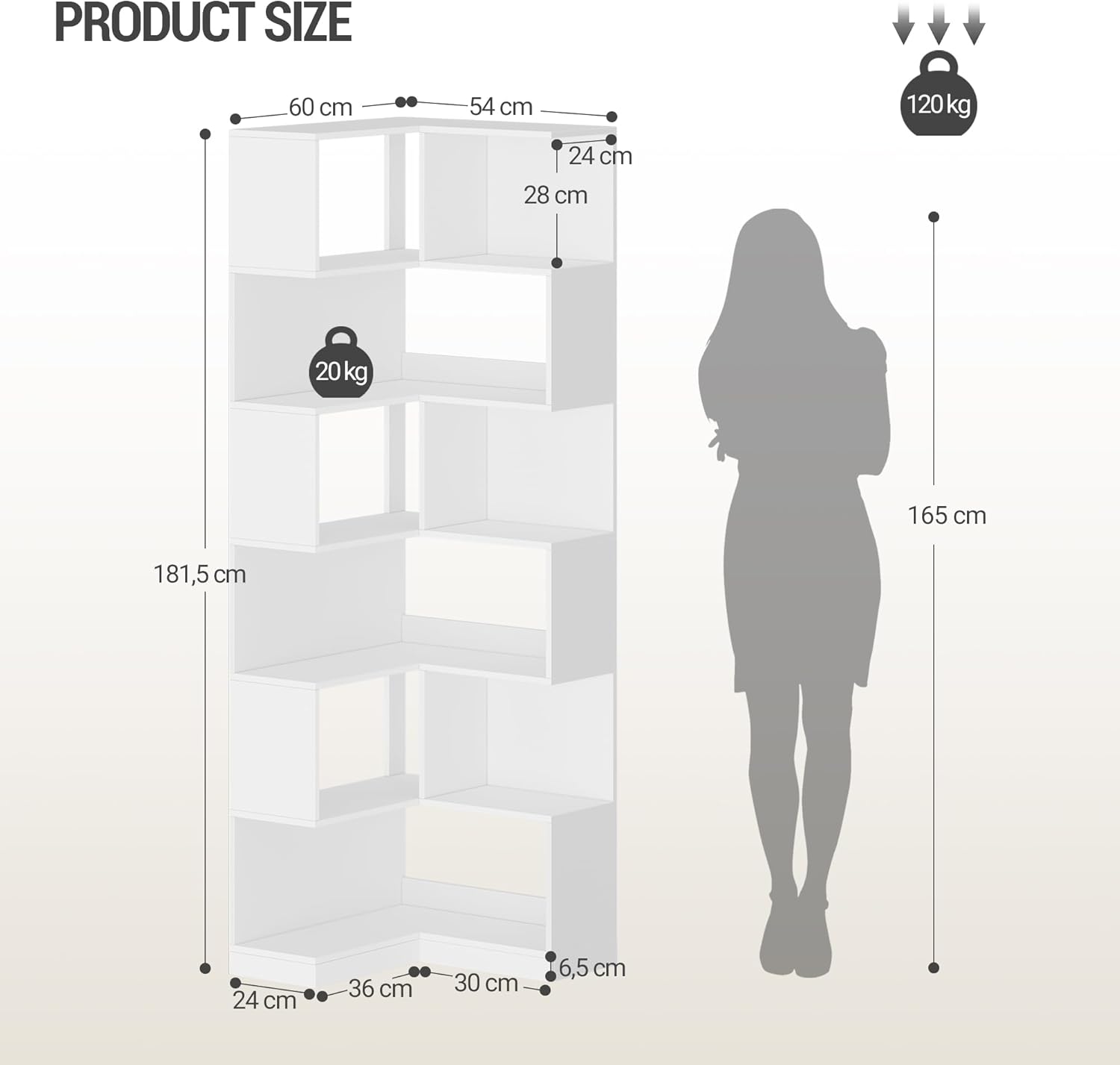 Bibliotheque, Bibliothèque d'angle à 7 Niveaux, étagère d'angle en Forme de L, Armoire d'angle pour Salon, Chambre, Bureau, 60 x 54 x 181,5 cm Blanc BC29303X