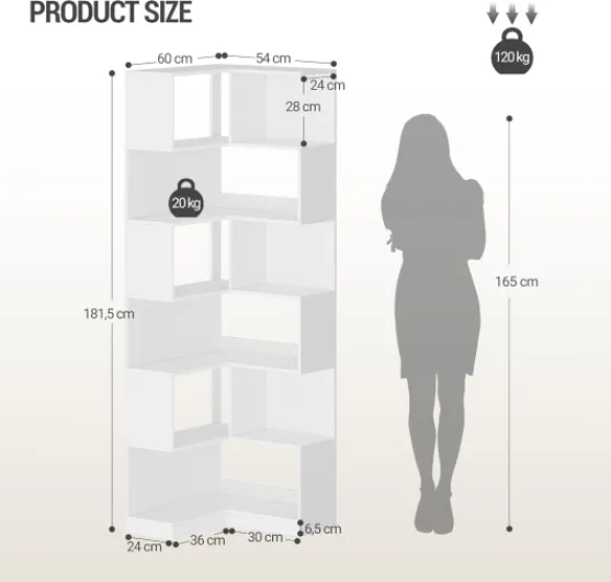 Bibliotheque, Bibliothèque d'angle à 7 Niveaux, étagère d'angle en Forme de L, Armoire d'angle pour Salon, Chambre, Bureau, 60 x 54 x 181,5 cm Blanc BC29303X