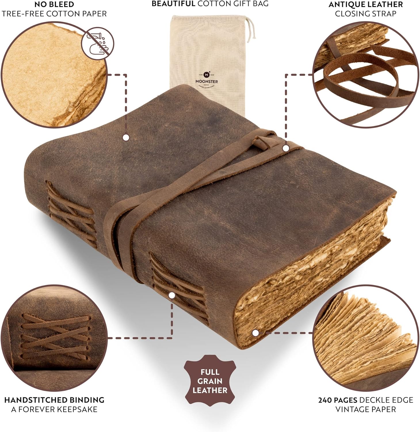 Carnet Cuir Vintage A5 [20x15 cm] – Journal Intime Fait Main en Cuir de Buffle véritable – 240 Pages Papier Coton 125 g/m² – Idéal comme Carnet de Croquis, d'Écriture et de Voyage 20x15cm