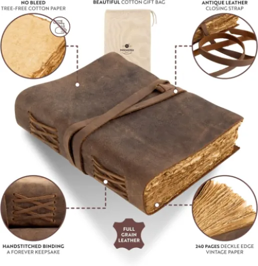 Carnet Cuir Vintage A5 [20x15 cm] – Journal Intime Fait Main en Cuir de Buffle véritable – 240 Pages Papier Coton 125 g/m² – Idéal comme Carnet de Croquis, d'Écriture et de Voyage 20x15cm