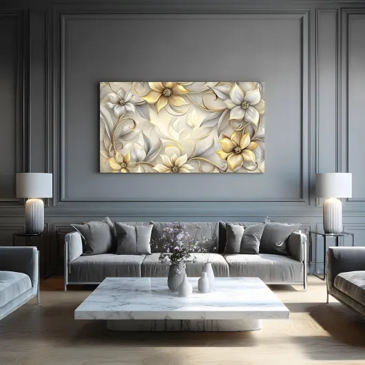 Générique Tableau Mural Luxe-Fleur Dorée Grand Format, Peinture Decoration Murale SalonModerne-Feuille Métallique Affiche sur Toile Abstrait-Volutes Argentées Décoratifs pour Chambre Bureau 80x160 cm Toile uniquement 80x160 cm