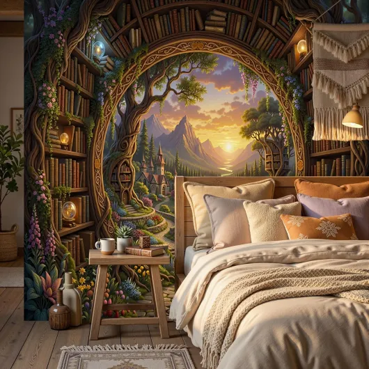 Papier Peint Mural 3D Non Adhésif Effet Luxe Moderne, Décoration Murale XXL pour Salon Chambre, Intissé Premium Facile à Poser,Le Livre de la Jungle,Arches et livres bibliothèque en bois,300x210cm Le Livre de la Jungle/Noir 300x210cm