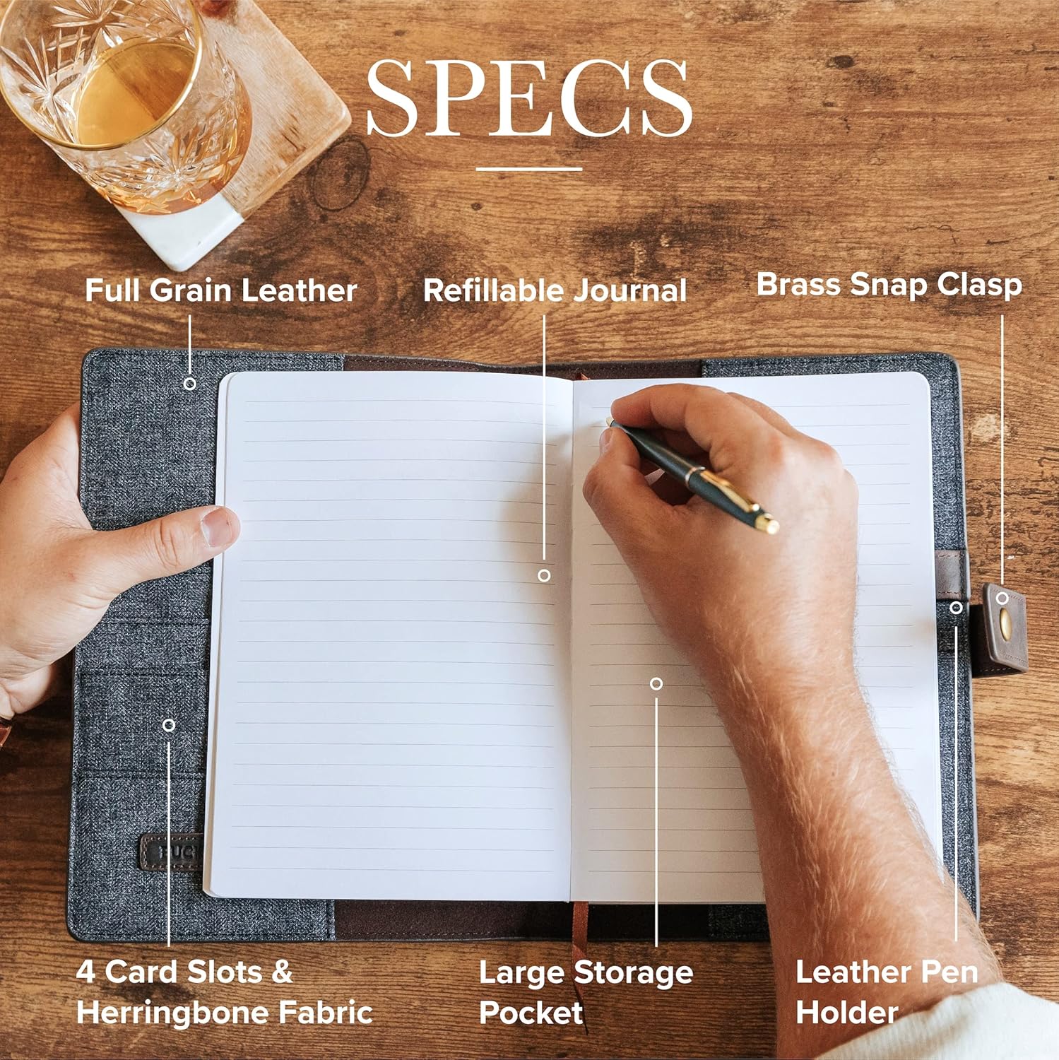 Couverture rechargeable en cuir pleine fleur de qualité supérieure avec carnet ligné A5, boucle pour stylo, emplacements pour cartes, bouton-pression en laiton marron
